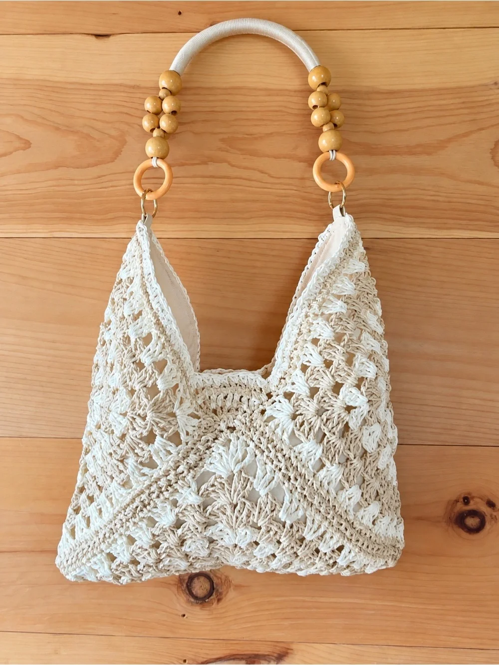 Beaded Handle Crochet Tote Bag in Cream boho